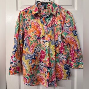 Lauren Ralph Lauren Colorful Paisley Button Up Blouse Size M Cotton Preppy Top